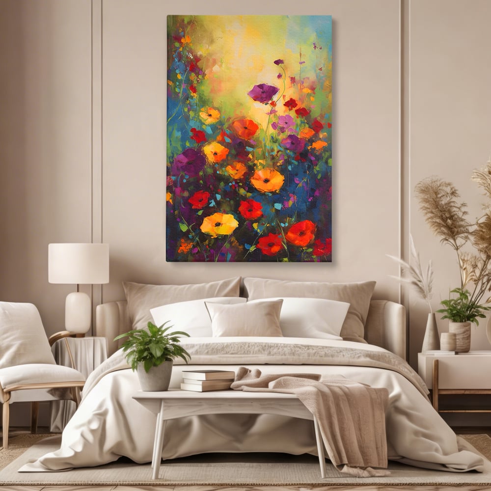 Tablou canvas cu pictura camp cu flori colorate, fara rama, pe sasiu de lemn, pe perete intr-un dormitor